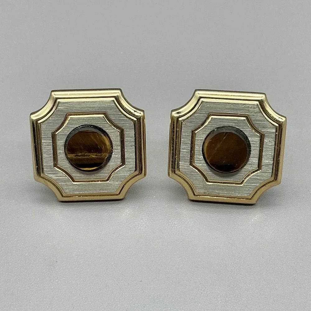 Vintage Cufflinks Tiger Eye Cabochon Gold Silver Tone Geometric Men's Jewelry